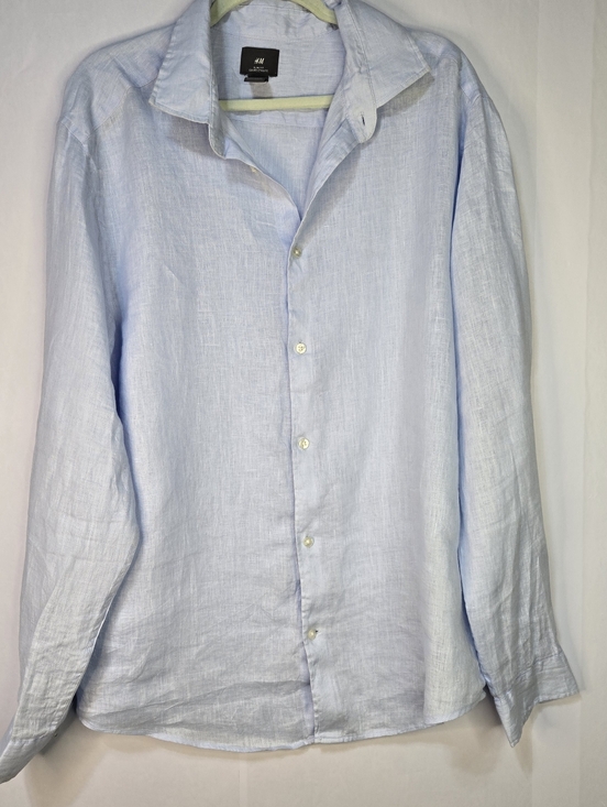 H&M Tops - H&M Womens Size XL 100% Linen Soft Blue Slim Fit Button-Up Shirt